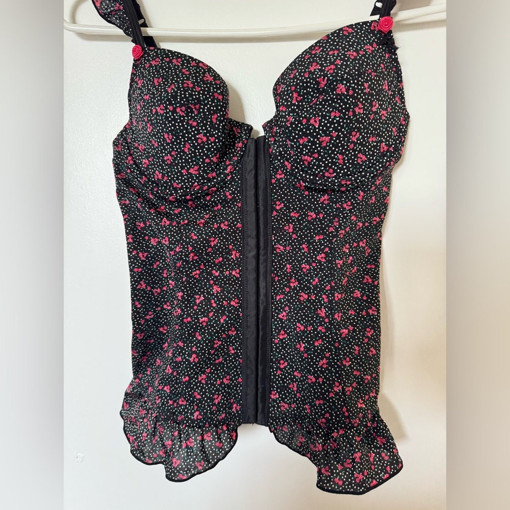 Kardashian Kollection Pink Floral Print Bustier Top with Polka Dot Pattern 34C